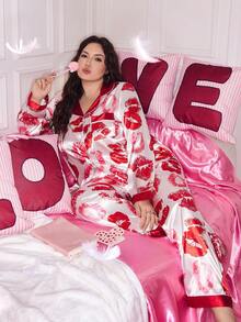SHEIN Ensemble de pyjama grande taille à manches longues avec col à revers et imprimé lèvres en couleur contrastée - Multicolore - Voir 1