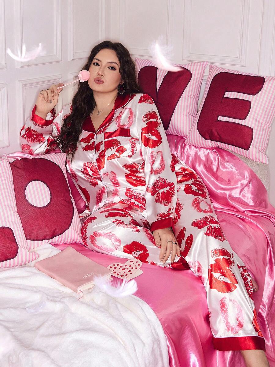 SHEIN Ensemble de pyjama grande taille à manches longues avec col à revers et imprimé lèvres en couleur contrastée - Multicolore - Voir 1