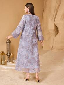 SHEIN Najma Fashionable New Heavy Jacquard Large Floral Purple Arabic Style Dress For Women - Lilac Purple - View 2