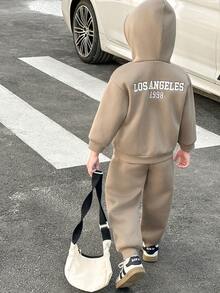 SHEIN Young Boys Casual Hooded Long Sleeve Embroidered Sweatshirt And Sweatpants Set - Army Green - View 1