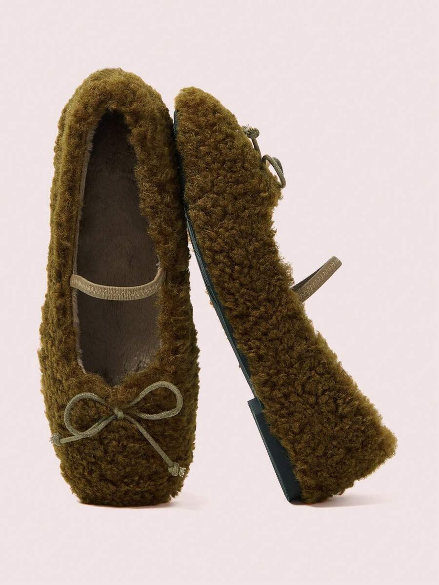 CUCCOO DOLLMOD Women's Casual Versatile Commuting Fuzzy Bow Decor Flats, Autumn/Winter For Christmas - Army Green - View 1