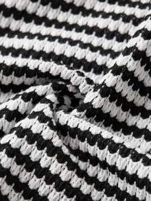 SHEIN LUNE Casual Minimalist Black & White Striped Waffle Knit Sweatshirt Sweatshirt, Suitable For Autumn/Winter Carnival - Multicolor - View 8