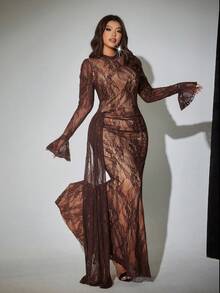 Viva Relle Plus Size Lace Patchwork Long Sleeve Elegant Dress - Coffee Brown - View 5