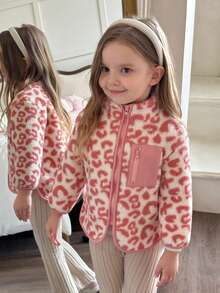SHEIN Elladie kids 女童休闲可爱立领拉链假口袋豹纹毛绒外套，秋冬款