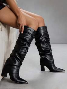 CUCCOO SZL Botas altas de mujer de piel de imitación plisada, de moda y versátiles para uso diario - Negro - Ver 5