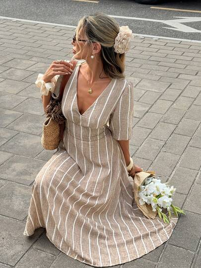 SHEIN Frenchy Women's  Linen Striped Print Casual Vacation  V-Neck Raglan Sleeve Waist Cinched Midi Dress Beige Dresses For Women Vertical Stripe Dress Elegant Midi Dress Summer Elegant Dress French Style Dress,Color-Blocked Striped High-Waisted A-Line Maxi Dress,Brown  Dress, Striped Maxi Dress,White-Brown Striped Dress,French Retro Slimming Square Maxi Dress For Women,Elegant Summer Resort Dress,Elegant Dresses For Women,Holiday Dress,Summer Holiday Outfits