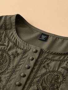 大码女式七分袖前开襟半门襟纽扣刺绣领梭织衬衫 - 綠色 - 查看 3