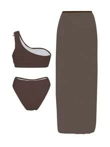 Swim Oasis 夏季海滩度假女士纯色波浪图案单肩金属海星装饰上衣、高腰泳裤和网纱海星装饰裙比基尼套装 - 棕色 - 查看 6