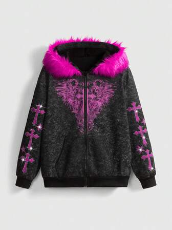 Fairycore Sudadera versátil con cuello de felpa con piedras de imitación y estampado de flor de lirio, de manga larga y efecto desgastado