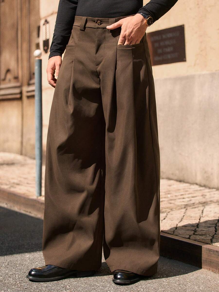 HIMLAND 男士梭织时尚休闲宽松阔腿纯色宽松裤，适合日常穿着和上学穿着 - 棕色 - 查看 1
