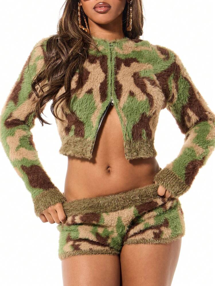 SUMWON WOMEN Camouflage Hooded Zip Front Cardigan