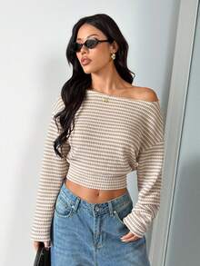 SHEIN PETITE 新款时尚不对称肩部休闲条纹长袖T恤，不对称肩部设计，上衣宽松，下装紧身，显瘦，杏色，秋季 - 杏色 - 查看 3