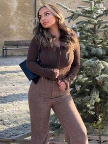 Jeta Ari Strukturierter, gebürsteter Patchwork-Kragen taillierter, sexy Cardigan Langarm T-Shirt für Frauen, Herbst/Winter - Kaffeebraun - Übersicht 6