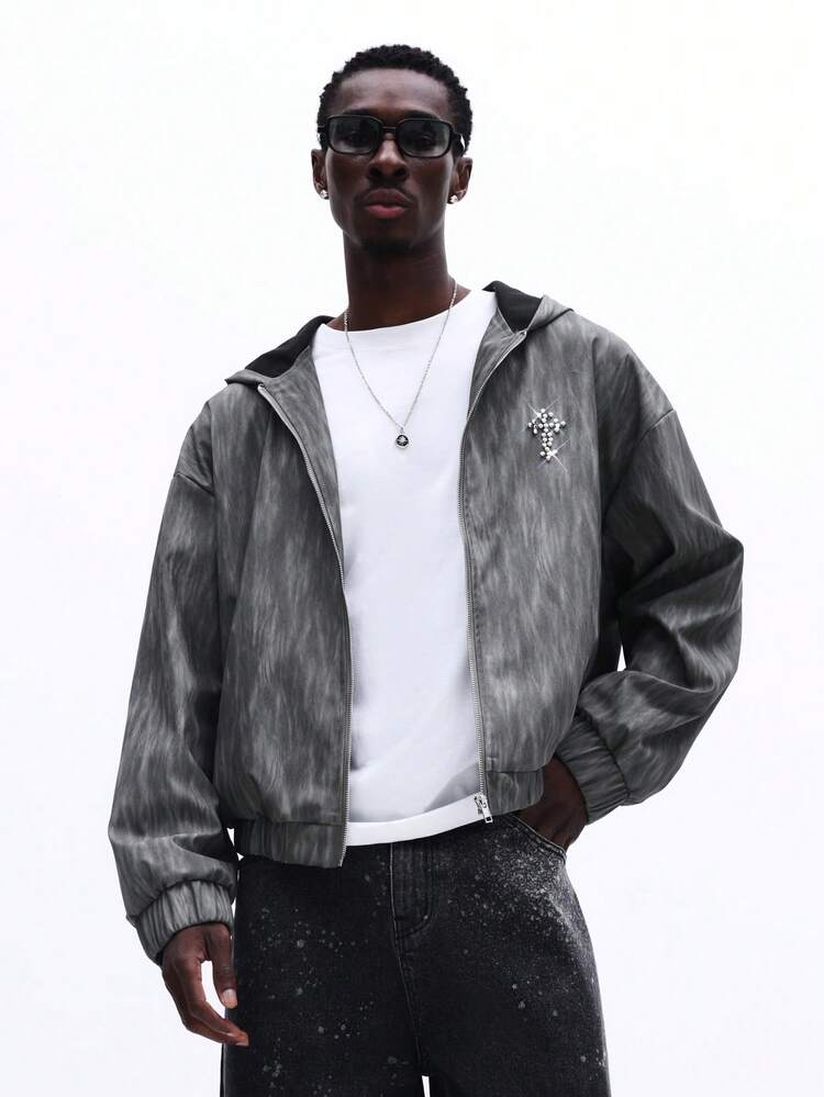 Hooded Washed PU Jacket With Rhinestone Embellishment