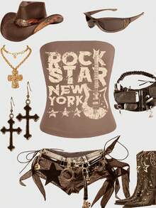 Glimmora Summer Fashion Retro Guitar Letter Print Tube Top - Multicolor - View 1