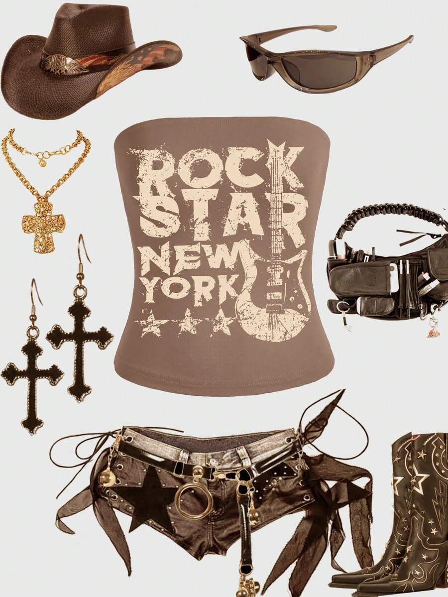 Glimmora Summer Fashion Retro Guitar Letter Print Tube Top - Multicolor - View 1