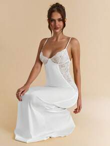 SHEIN BAE 优雅红色蕾丝拼接缎面连衣裙，性感透视蕾丝长裙，适合婚礼、伴娘、正式场合 - 白色 - 查看 5