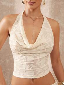 Lumalex 2件套杏色钩针编织深V领露背长裙及沙滩罩衫套装 - 杏色 - 查看 11