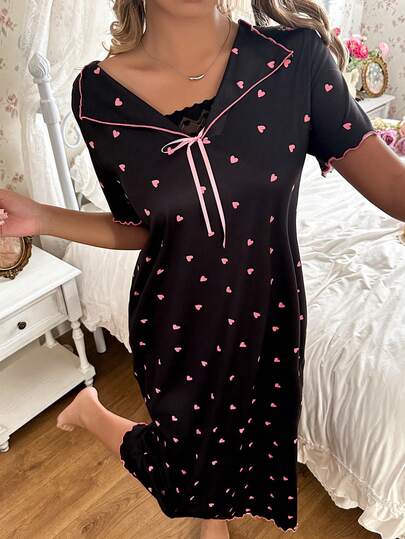 CottageSlumber Heart Contrast Lace Trim Mandarin Collar Casual Women Nightgown
