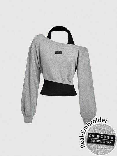 SHEIN MOD 女士休闲复古撞色不对称肩部卫衣，适合秋冬季穿着