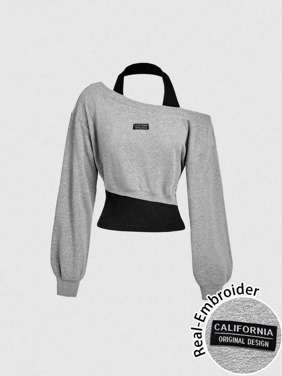 SHEIN MOD Áo nỉ vai bất đối xứng họa tiết khối màu cổ điển thường ngày dành cho nữ, phù hợp cho mùa thu/đông - Nhiều màu - Xem 1