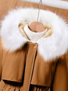 Teen Girls Mid-Length Zipper Loose Waist Hooded Fluffy Casual Winter Jacket, Suitable For Daily Commute And School