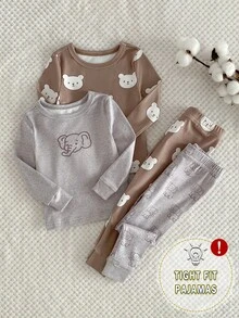 4pcs Baby Boy Snug Fit Long Sleeve Pajama Set, Cute Bear Pattern, Comfortable & Casual Homewear Baby Boys 2pcs Tight Fit Pajamas Pajama Baby Set Baby Pj Set Neutral Baby Clothes Unisex 2026 Baby Boys Pajamas-2 Piece Pajama Set Crew Neck Long Sleeve Top And Long Pants Bear Elephant Print Neutral Taupe Gray Cute Animal Sleepwear Snug Fit Four Seasons New Year 2026 Holiday Essential Gift Snug Fit Snug Fit Snug Fit - Multicolor - View 1