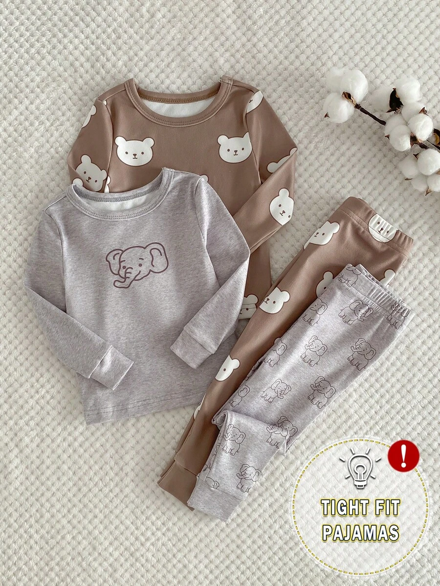 4pcs Baby Boy Snug Fit Long Sleeve Pajama Set, Cute Bear Pattern, Comfortable & Casual Homewear Baby Boys 2pcs Tight Fit Pajamas Pajama Baby Set Baby Pj Set Neutral Baby Clothes Unisex 2026 Baby Boys Pajamas-2 Piece Pajama Set Crew Neck Long Sleeve Top And Long Pants Bear Elephant Print Neutral Taupe Gray Cute Animal Sleepwear Snug Fit Four Seasons New Year 2026 Holiday Essential Gift Snug Fit Snug Fit Snug Fit - Multicolor - View 1