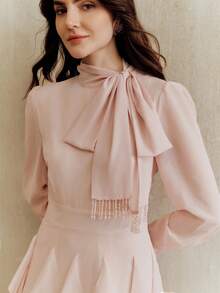 Anewsta Women's Elegant Dress With Oblique Bow Collar, Rhinestone Tassel, Waist Cinched, Flared Hem, Ruffle Trim, Pink Dress, Graceful And Stylish For Gatherings - Pink - View 2