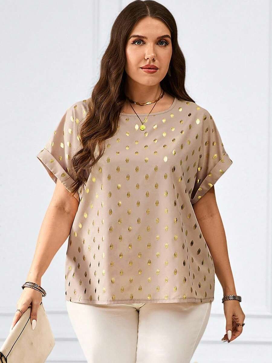 Miaspire 大码女式金箔波点印花蝙蝠袖衬衫，夏季女装，度假，春季 - 卡其色 - 查看 1