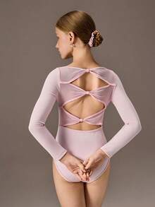 Áo liền quần múa ba lê cho bé gái tuổi teen, màu hồng nhạt cổ điển, đa năng, thiết kế nơ lưới phía sau, tay dài co giãn, thích hợp cho múa ba lê, tập gym, tập luyện và mặc thường ngày. - Màu Hồng baby - Xem 1