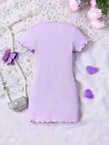 Tween Girl Basic Casual Knit Round Neck Fitted Butterfly Applique Mini Dress, Spring/Summer - Purple - View 5