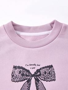 JNSQ 2pcs/Set Young Girls' Round Neck Short Sleeve Sweatshirt With Bow Print & Sweatpants, Spring/Summer - Pink - View 3