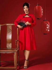 Elenzga Plus Size Women's Chinese Style Button Collar, Ruched A-Line Hem Solid Color Dress, December Edition - Red - View 6