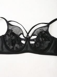 DesireSculpt 女士蕾丝撞色网纱钢圈文胸（1件装） - 黑色 - 查看 7