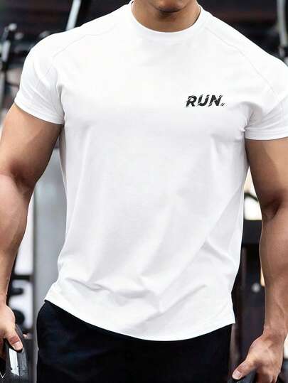 Manfinity Sport Corelite قميص رياضي كاجوال للرجال بطبعة حرفية وياقة مستديرة وأكمام راجلان، قميص ضاغط صيفي للرجال