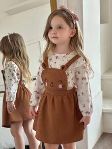 SHEIN Elladie kids 小女童印花荷葉邊襯衫和背帶裙 - 彩色 - 查看 4