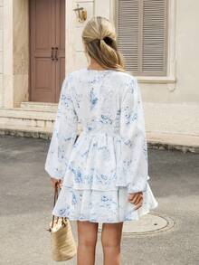 Pariaura 女士印花深V领灯笼袖荷叶边下摆时尚迷你连衣裙 - 白色 - 查看 2