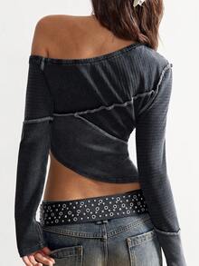 Bohemela Carnival Casual Solid Color Knit Asymmetric Hem Long Sleeve Fitted Washed T-Shirt For Women, Suitable For Spring, Winter, Summer, Vacation, BOHO, Valentine's Day, Music Festival - Black - View 7