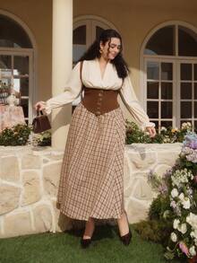 SHEIN MOD Plus Size Women's Fashion French Style Contrast Color Lantern Sleeve Blouse,Halloween,Going Out Tops,Fall For Women,Goth,Country Concert,Grunge,Boho Women,Old Money Style Women,Western,Back To School,Western Wear,Winter For Women,Pirate,Fall For Women,Halloween Cosplay.Christmas And New Year Outfits, Autumn And Winter Outfits - Coffee Brown - View 8