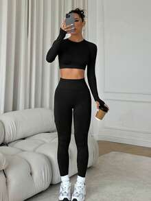 Easithlete 女士纯色简约休闲圆领长袖上衣和裤子运动套装 - 黑色 - 查看 6