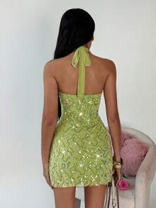 SHEIN TRNDY Women's Deep V-Neck Hollow Sequin Mini Party Beach Dress, Green - Green - View 3