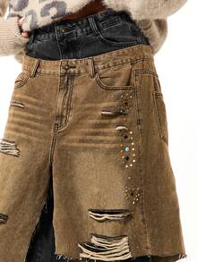 SUMWON WOMEN Double Layer Distressed Studded Wide Leg Denim Jeans With Rhinestone Embellishments And Raw Hem Details Fall Winter Layering - Multicolor - View 4