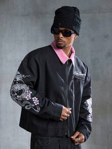 ROMWE MEN Street Life Men's Floral Embroidery Pattern Turndown Collar Zip Front Long Sleeve Denim Jacket - Black - View 5