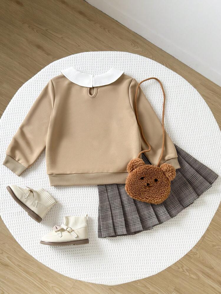 Playful Pals Young Girls Casual 2 In 1 Shirt Collar Front Printed Cute Pattern Ribbed Cuff Sweatshirt With Elastic Waist Vintage Plaid Pleated Hem Skirt Set, Autumn/Winter - Khaki - View 2