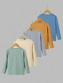 5件/套 男童基础款纯色圆领T恤，适合日常休闲穿着 - 彩色 - 查看 2