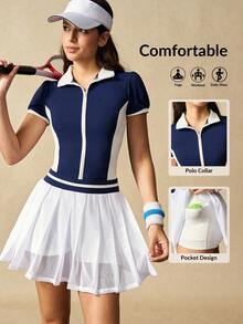 VARSIVA Đầm thể thao tay ngắn xếp ly cổ khóa kéo phối màu cho nữ kèm quần short - Nhiều màu - Xem 1