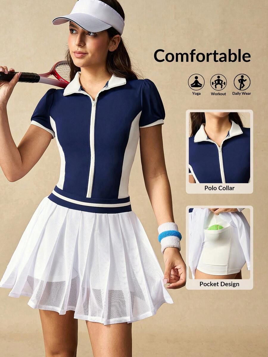 VARSIVA Đầm thể thao tay ngắn xếp ly cổ khóa kéo phối màu cho nữ kèm quần short - Nhiều màu - Xem 1