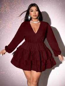 Viva Relle Plus Size Solid Color V-Neck Ruffle Hem Elegant Long Sleeve Dress,Valentine - Burgundy - View 1