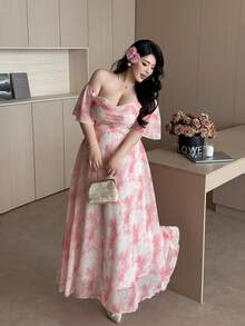 Vibekara Plus Size Floral Print Chiffon Maxi Dress, Sweet Style, Suitable For Outdoor Wear, Spring/Summer - Pink - View 6